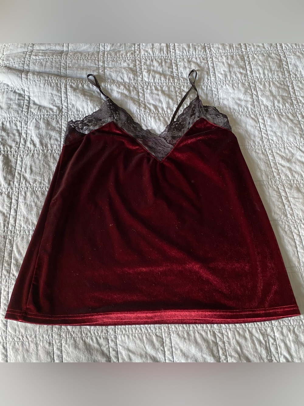 Burgandy Velvet Black Lace Cami Top Cotton Soft Stretchy Y2K Whimsigoth Vampy M